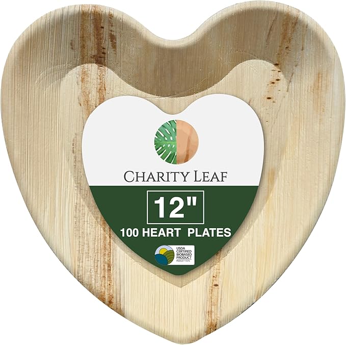 Charity Leaf Disposable Palm Leaf 12" Heart Plates (100 pieces) Bamboo Like Serving Platters, Disposable Boards, Eco-Friendly Dinnerware For Valentines, Weddings, Catering, Events