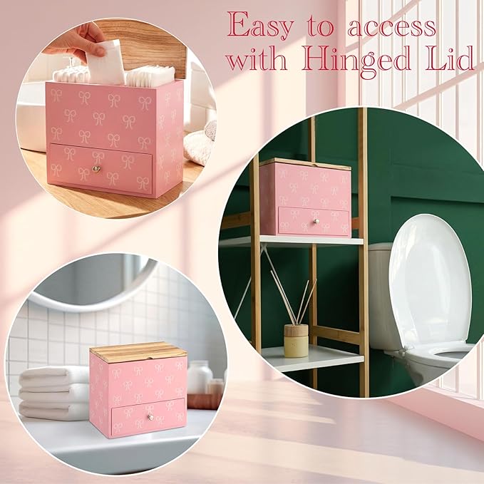 Pink Bow Tampon Holder for Bathroom Wood Feminine Product Organizer with Drawer and Lid Pad and Tampon Organizer Bathroom Accessories Storage Box for Pink Bow Washroom Period Box