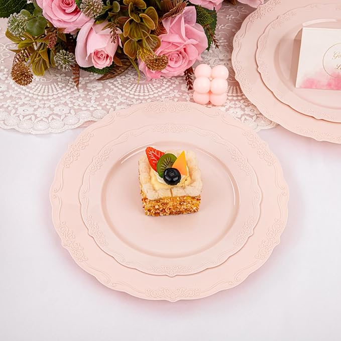 U-QE 100PCS Mauve Pink Plastic Plates for Party - Plastic Party Plates Disposable Heavy Duty - Pink Valentines Plates for Valentine's Day Including 50PCS 10.25'' Dinner Plates&50PCS 7.5'' Pink Plates