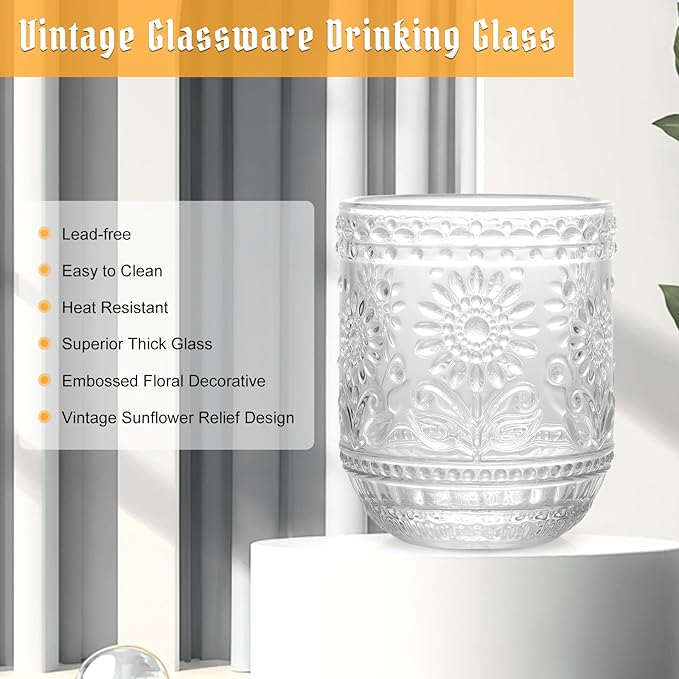 Topsky Clear Vintage Drinking Glass Set of 6,12 oz Embossed Floral Decorative Glassware Set,Glass Cups Wine Glasses Beverages Tumblers Colored Glassware for Whisky,Beer,Juice,Cocktail,Heavy Duty