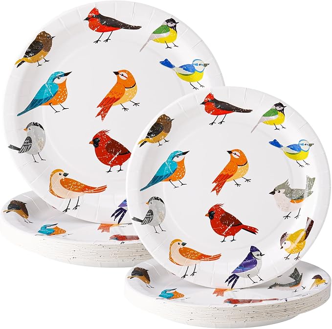 48 Pcs Playful Birds Paper Plates Set Include 9 Inch and 7 Inch Colorful Little Birds Texture Disposable Plates Spring Summer Decorative Party Tableware for Home Table Party Supplies