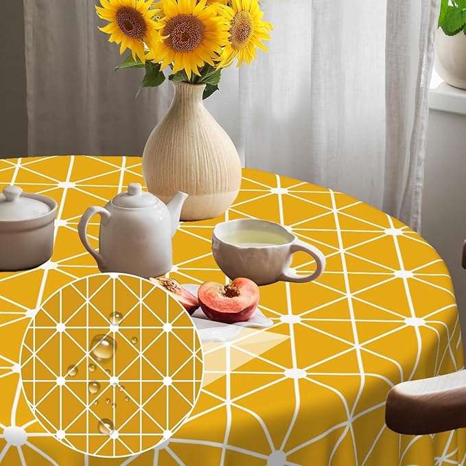 Laeacco 48 Inch Geometric Round Tablecloth Orange Triangle Modern Geometric Abstract Art Print Table Cloth Washable Waterproof Wrinkle Free Table Cover for Kitchen Dining Picnic Party Decoration