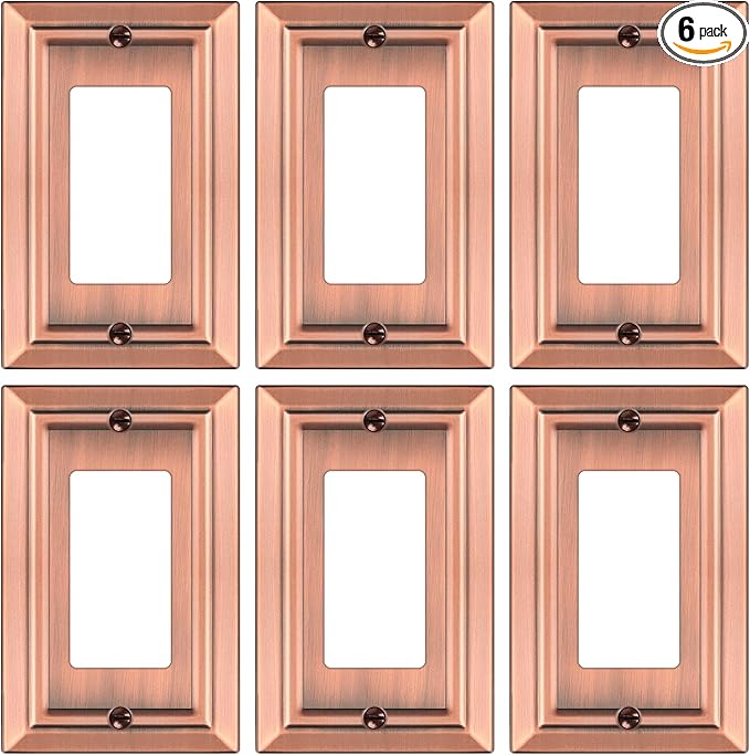 Metal Wall Plate for Electrical Outlets, Decorative Antique Copper Switch Plates Outlet Cover, Light Switch Cover Plate, 1-Gang Wall Plates (Single Decoretor, 6 Pack)