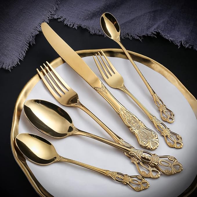Gold Silverware Set for 8 Stainless Steel Flatware Set Palace Style Hollow Relief Decoration 32 Piece Cutlery Utensils Include Knives Forks and Spoons Tableware Set for Home Kitchen Restaurant Party