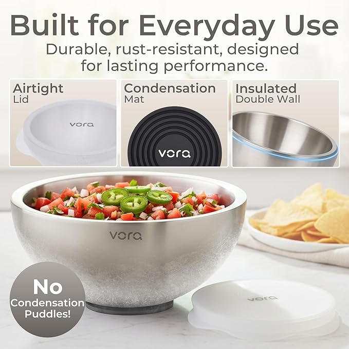 Vora 70oz Dip Chiller Bowl with Lid | Stainless Steel Chilled Dip Bowl for Dips, Guacamole, Hummus, Salsa | Insulated Serving Dishes with Easiest Water Fill & Refillable Chamber