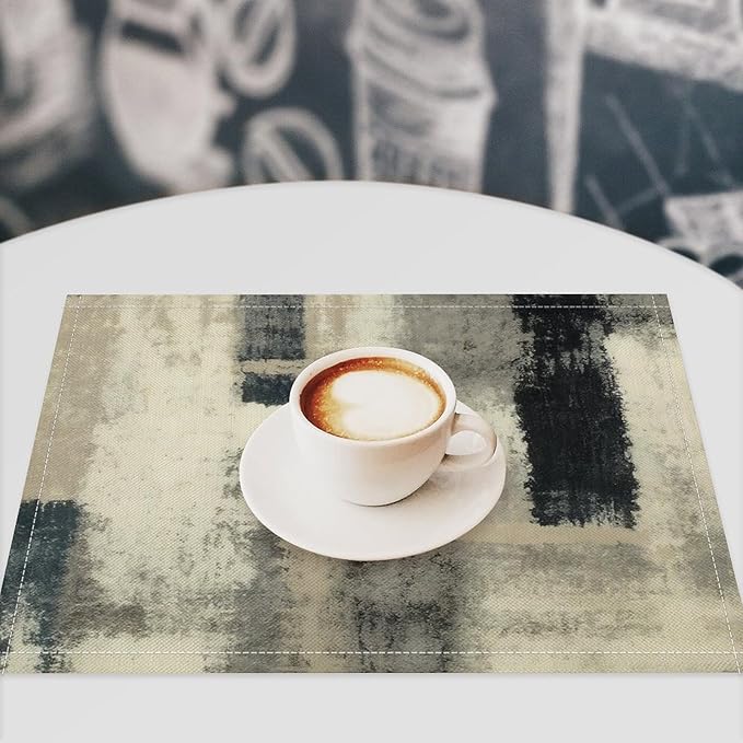 Gradient Placemat Set, Modern Minimal Fashion Abstract Beige Grey Blue Art Oil Painting Brush Strokes Patchwork Pattern Home Decor Linen Table Mats for Dining Room Kitchen Party (17x12in) x6P