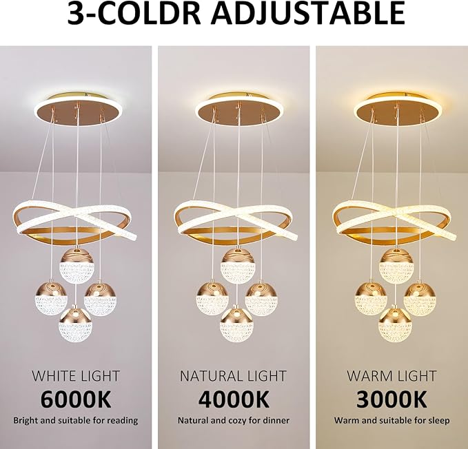 Modern Gold LED Chandeliers, 3-Color Dimmable Pendant Light for Kitchen Island, Dining Room, Living Room, Contemporary Hanging Ceiling Light, Adjustable Height, Perfect for Modern Home Decor.