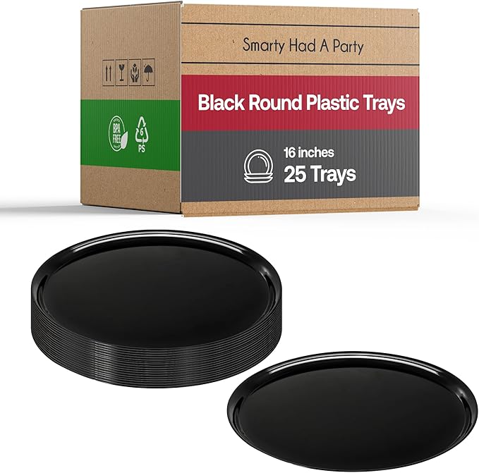 Smarty Had A Party 16 Inch Black Round Plastic Serving Tray – Heavy-Duty Plastic Serving Trays for Catering, Parties & Buffets, Elegant Disposable Black Serving Platters – 25-Pack