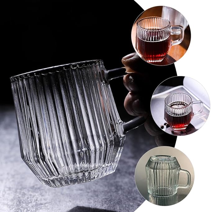 6Pcs Vertical Ribbed Glass Mugs with Handle, Reusable Household Glass Cups for Coffee, Tea, Milk, Orange Juice – Sturdy Glassware Set for Hot and Cold Beverages