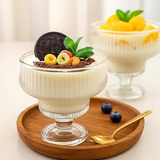 Set of 6 Glass Ice Cream Bowls, 10 Oz Vintage Heavy Base Footed Dessert Cup Set, Stripes Clear Embossed Glass Serving Bowls for Sundae, Ice Cream, Fruit, Parfait