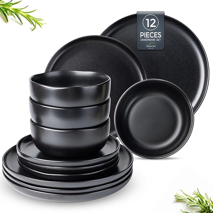 AmorArc Ceramic Dinnerware Sets, Wavy Rim Stoneware Plates and Bowls Sets,Dishwasher & Microwave & Oven Safe Dishes set, Service for 4 (12pc)-Matte Black