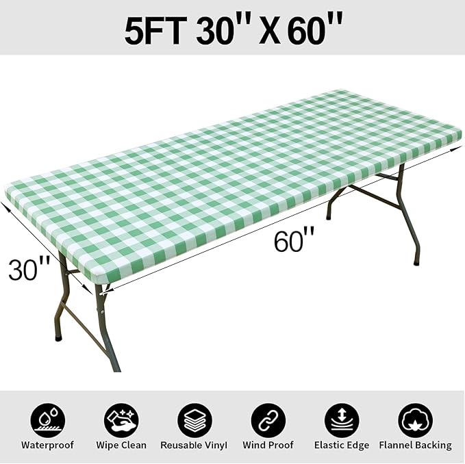 Smiry Rectangle Picnic Table Cloth, Elastic Waterproof Fitted Vinyl Tablecloths, Flannel Backed Buffalo Plaid Table Covers for Dining, Camping, Outdoor (Sage Green and White, 30" x 60")