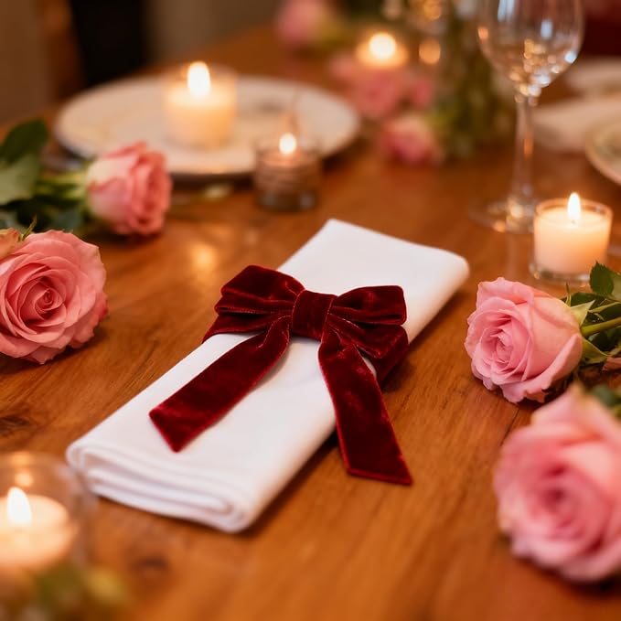 Bow Napkin Rings Set of 6 Luxury Soft Burgundy Velvet Napkin Holders, Elegant Bow Design for Christmas Holiday Dinner Wedding Party Table Decor