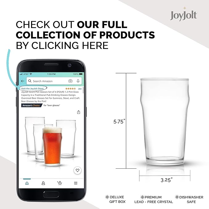 JoyJolt Grant 19oz Beer Pint Glasses Set of 4. Large Beer Pint Glass Capacity in a Traditional Pub Drinking Glasses Design. Oversized Beer Glasses Set for Guinness, Stout, and Big Craft Beer Glasses