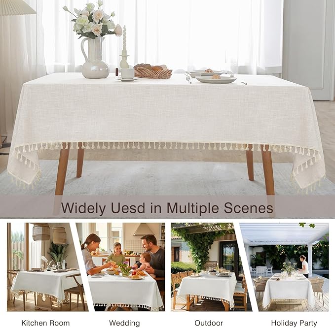 JIALE Textured Tablecloths, Heavy Duty Cotton Linen Farmhouse Table Cloth Rectangle Table, Waterproof Wrinkle-Free Rectangle Tablecloth for Kitchen, Dining, Parties, 55"x106", Ivory