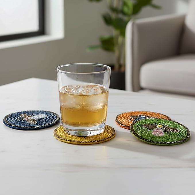 Beaded Coaster Set of 4 – Multicolor Glass-Bead Drink Coasters, Boho Table Decor for Dining & Gifting