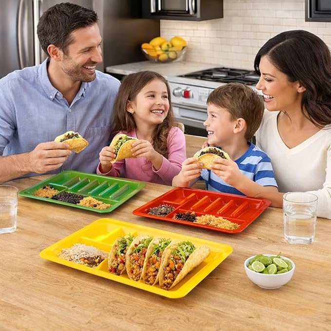 Dependable Industries inc. Essentials Set of 3 Rectangular Taco Holder Plates – BPA-Free Plastic Taco Trays with Dividers, Stackable, Microwave & Dishwasher Safe