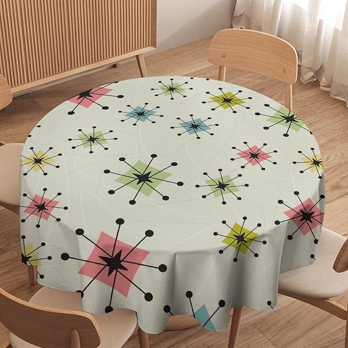 Retro Mid Century Round Tablecloth, Vintage Modern Colorful Abstract Geometric Art Bohemian Tablecloth for Home Party Dining Room Kitchen Decor 36Inch(90cm)