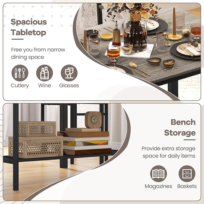 NAFORT Kitchen Table Set for 4, Industrial Dining Table with 2 Chairs & Storage Bench, Rustic Wood & Metal 4-Piece Dining Set for Small Space, Apartment, Kitchen & Dining Room
