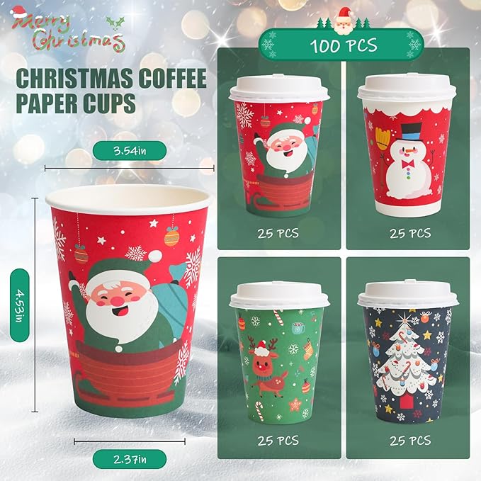 100 Pack 12 oz Paper Cups with Lids, Disposable Coffee Cups for Christmas, To Go Cups for Hot and Cold Drinks, Beverage