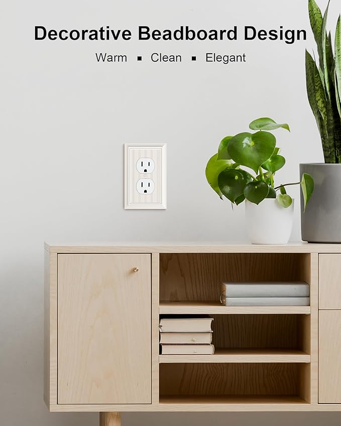 6-Pack Classic Beadboard Duplex Outlet Cover Plate, Decorative Light Almond Switch Plates and Outlet Covers, Natural Bamboo Fiber Wall Plates for Electrical Outlets, 1 Gang Receptacle Cover