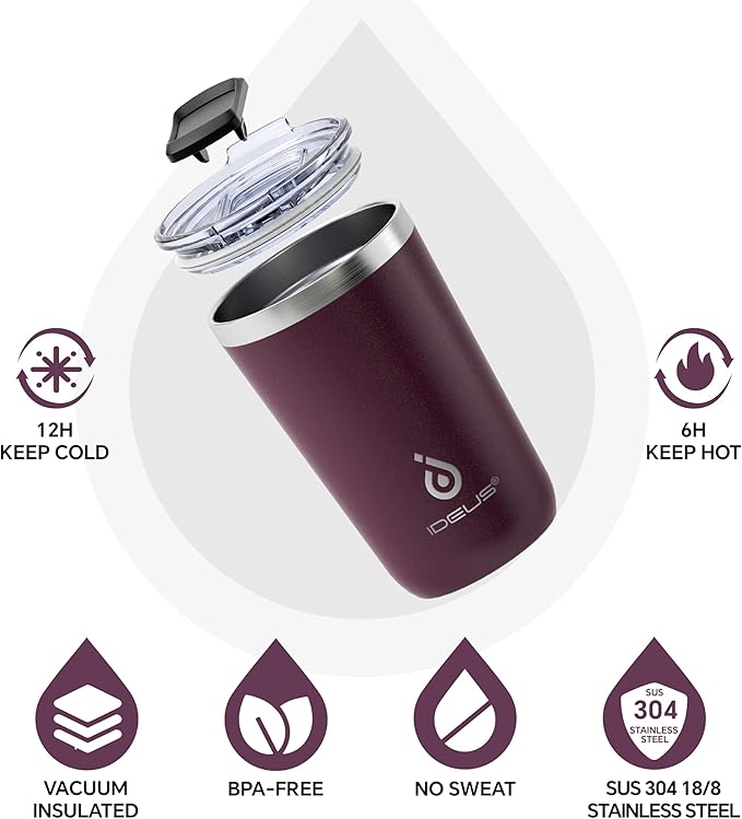 Ideus 20 oz Tumbler, Travel Coffee Mug with Splash Proof Sliding Lid, Double Wall Stainless Steel Vacuum Insulated Coffee Mug for Home and Office, Keep Beverages Hot or Cold, Red Violet