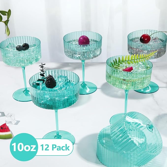 12 Pcs Ribbed Martini Glasses 10 oz Disposable Plastic Vintage Ribbed Coupe Glasses Unbreakable Dessert Parfait Glassware for Wedding Birthday Party Supplies (Light Green)