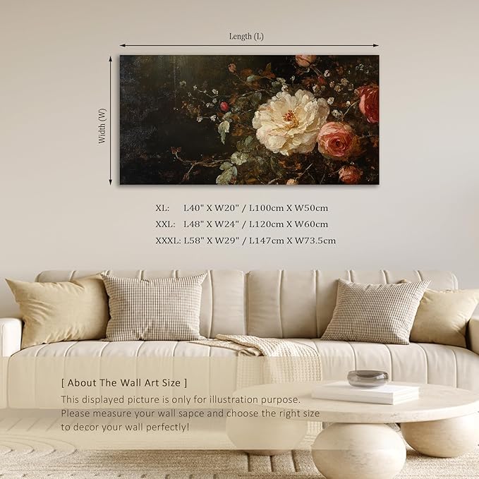 ADJUVANT Wall Art Vintage Peony And Rose Bouquet 40"L x 20"W, White Peony With Pink Roses Canvas Painting Elegant Floral Artwork Prints Botanic Wall Decor for Living Room Bedroom Dining Room Home Office