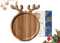 Acacia Wood Serving Platter, Christmas Decorative Reindeer Antler, 12"x10"Round Wooden Food Dish Display Plate, Charcuterie Board Tray for Cheese Fruit, Kitchen Gift for Housewarming (Gift Box)