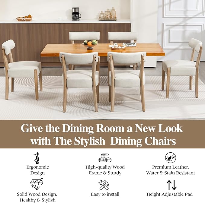 Modern Dining Chairs Set of 2 – Mid-Century Modern Faux Leather Upholstered Kitchen & Dining Room Chairs with Curved Back, Oversized Rounded Seat, Sturdy Wood Frame, Beige