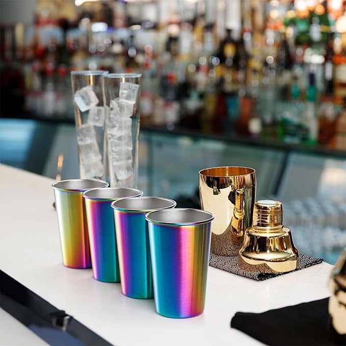 Tosnail 6 Pack 16 oz Stainless Steel Pint Cups Metal Cups Unbreakable Drinking Glasses Water Tumblers for Kids, Adults Indoor and Outdoor Use - Rainbow