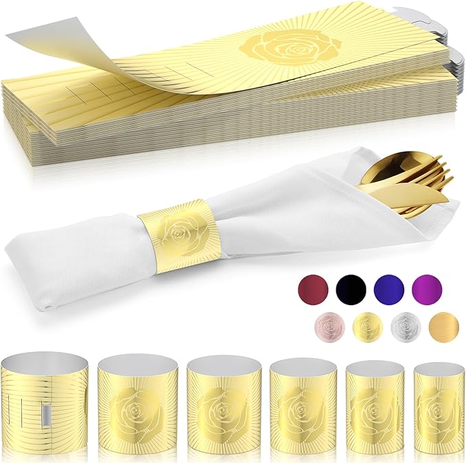 Christmas Napkin Rings Set of 50, 2 Colors in 1, Reusable Adjustable Napkin Bands for Holiday Parties, Wedding, Thanksgiving Table Decor, Waterproof Tear-Proof (Gold) Great Gift Idea