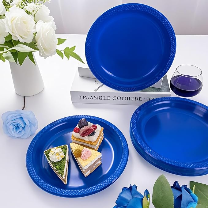 WELLIFE Royal Blue Party Plates 9 Inch -150 Count, Disposable Plastic Dark Blue Dinner Plates for Party Dessert Cake Appetizer