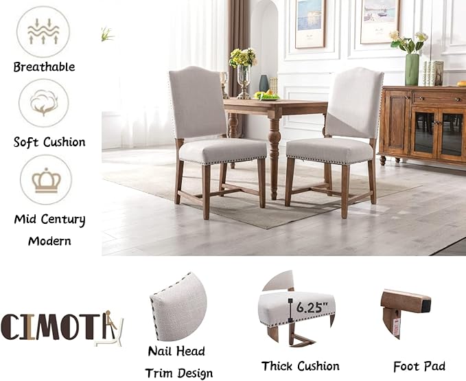 CIMOTA Mid Century Modern Dining Chairs Set of 6, Farmhouse Upholstered Dining Room Chairs Comfortable Kitchen Side Chairs with High Back/Natural Solid Wood Frame, Linen Beige