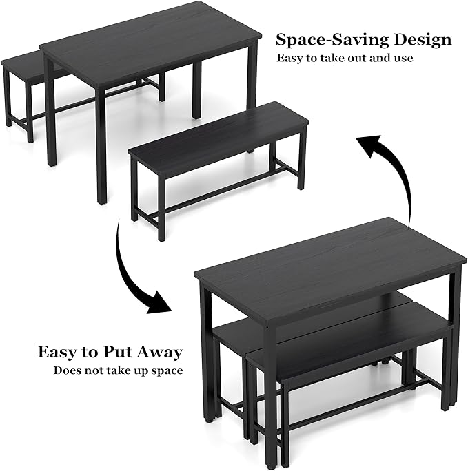 Sturdy Durable Dining Table Set for 4 with Bench, Easy to Assemble Kitchen Table with Bench, Space-Saving Ideal 4-Person Set for Daily Meals, brunches, or workspace,Black