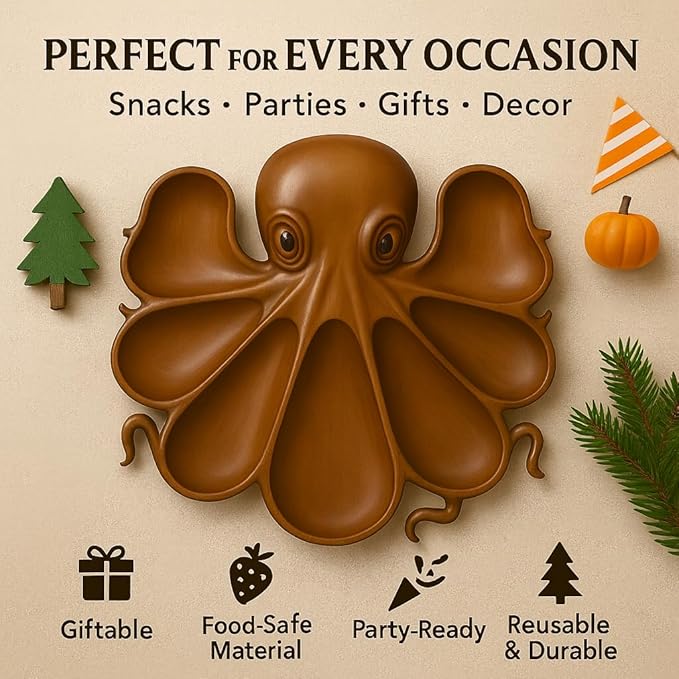 Octopus Serving Tray for Party & Home Decor, Ocean Themed Charcuterie Board, Decorative Octopus Platter for Snacks, Seafood, Beach House Table Display