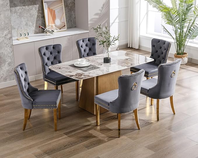 KCC Velvet Dining Chairs Set of 4, Upholstered High-end Tufted Dining Chair with Nailhead Back Ring Pull Trim Stainless Steel Legs, Contemporary Nikki Collection Modern Style for Kitchen, Dark Gray