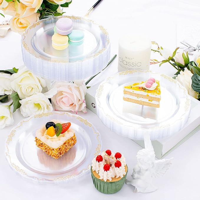 DaYammi 60PCS Clear Plastic Plates Heavy Duty Clear Disposable Plates 7.5” Fancy Gold Dessert Platos Small Cake Plates Appetizer Platos Hard Round Plastic Disposable for Wedding and Party
