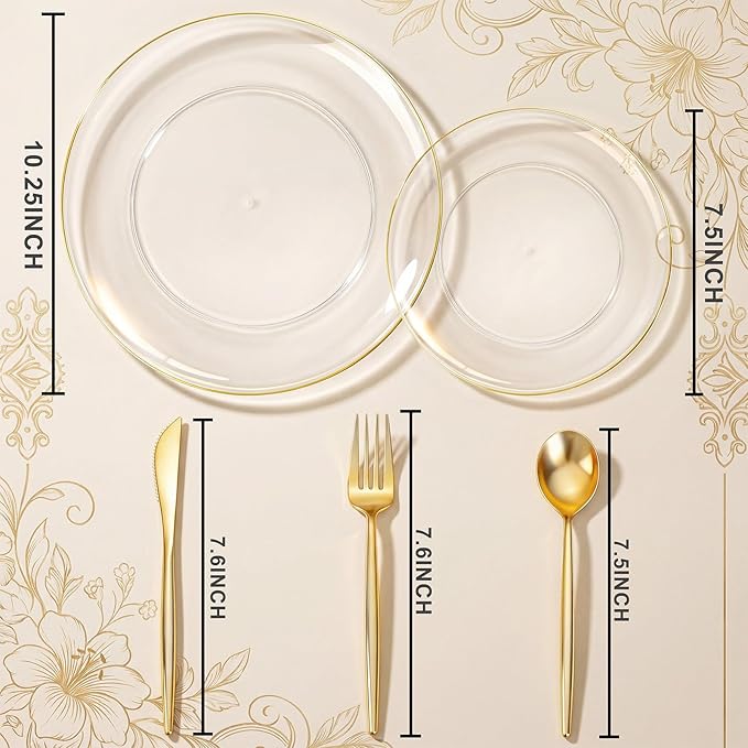 I00000 Clear Plastic Plates with Gold Rim,Fancy Clear Disposable Plates,Nice Disposable Plates Set include 30 Dinner Plate,30 Dessert Plate, 90 plastic Silverware Set for Valentine's Day