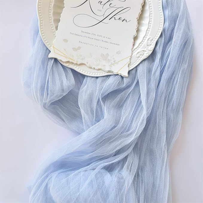 Joanlody Blue Cheesecloth Table Runner Spring Easter 10Ft Rustic Gauze Boho Cheese Cloth Table Runner for Wedding Bridal Baby Shower Decoration 4 Pack