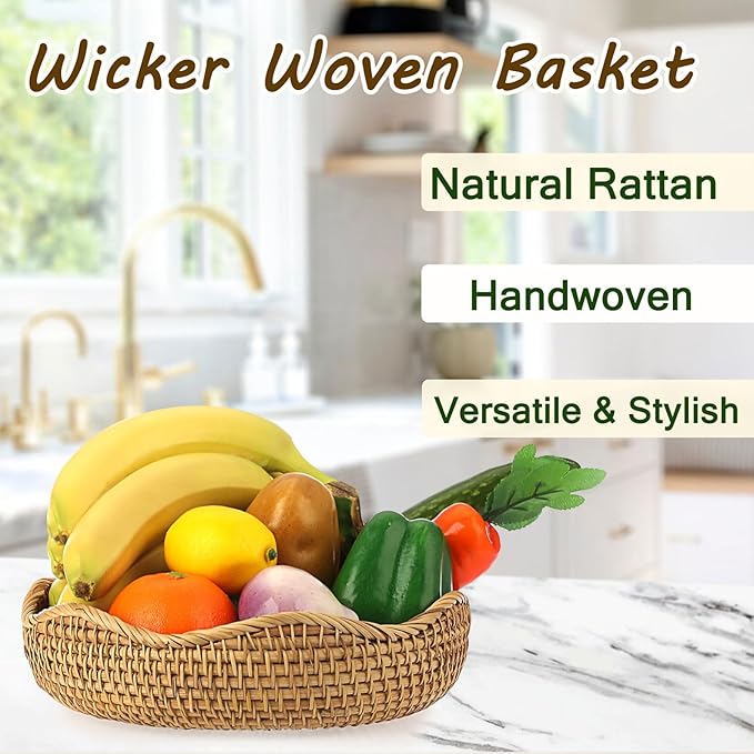 Hipiwe Natural Rattan Tray Wicker Storage Bowls Hand Woven Basket Tray for Bread Fruit Key Round Fruit Baskets for Kitchen Entryway Tabletop Decorative Baskets Bowl,10 Inches