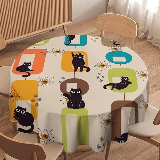Bohemian Black Cat Round Tablecloth, Rustic Vintage Mid Century Geometric Tablecloth for Home Party Dining Room Kitchen Decor 60Inch(152cm)