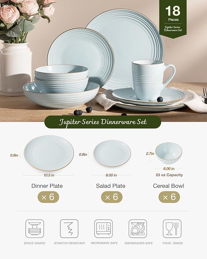 Famiware Jupiter Dinnerware Set, Plates and Bowls Dish Sets for 6 (18 Pieces), Microwave and Dishwasher Safe Stoneware Speckled Tableware, Chip and Scratch Resistant, Light Blue