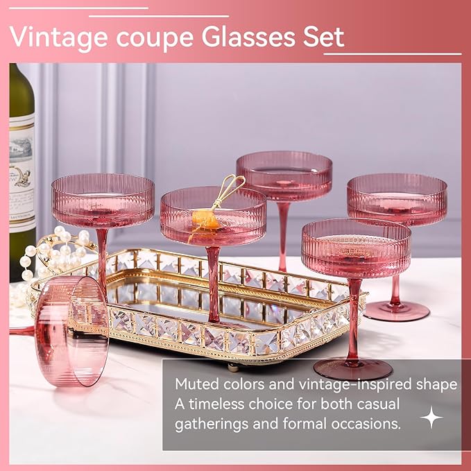 9 oz rose red Vintage Art Deco Coupe Glasses Set of 6 Ribbed martini Glasses |Vintage Cocktail Glasses Set,Unique Colored Coupe Glass