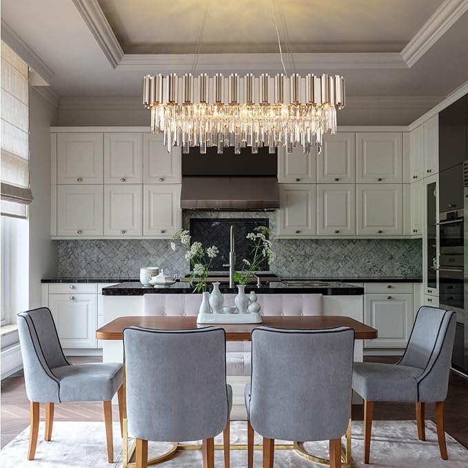L35.4 Linear Modern Crystal Chandeliers Luxury Nickel Rectangle Chandelier for Dining Room Contemporary Oval Raindrop Pendant Ceiling Light Fixture for Kitchen Island Entryway Foyer 10 Lights