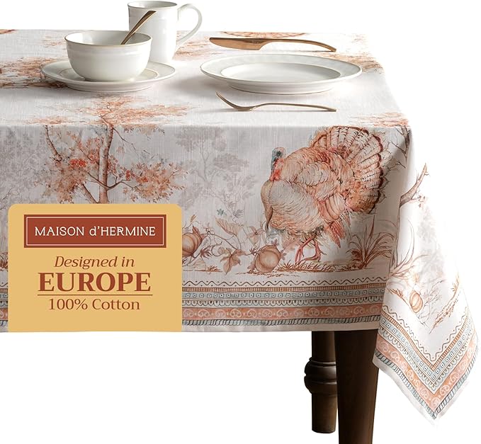 Maison d' Hermine Table Cloth Rectangle Table 100% Cotton 70 x 120 Inches Fall Tablecloth Reusable Everyday Use for Thanksgiving Christmas Decorations Dining Farmhouse Party (Giving Thanks)