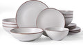 Famiware Venus Speckled Dinnerware Set with Pasta Bowls, Service for 4 (16 Pieces), Stoneware Plates and Double Bowls Sets, Microwave & Dishwasher-Safe Dishes with Trim, Matte Light Grey