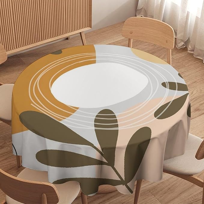 Boho Mid Century Round Tablecloth, Bohemian Abstract Modern Leaves Tablecloth for Home Party Dining Room Kitchen Decor 60Inch(152cm)