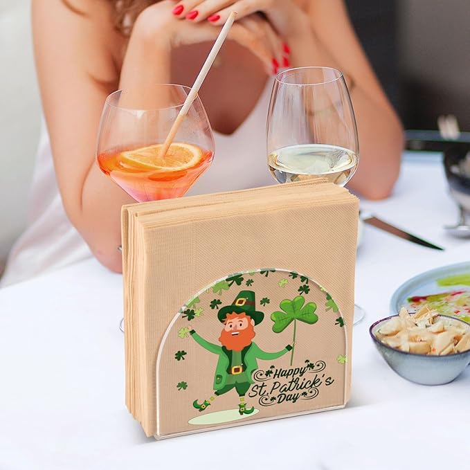 Napkin Holder Happy St Patrick's Day Green Shamrocks Crystal Clear Acrylic Napkin Holders Paper Napkin Holder Dining Table Dispenser for Kitchen Restaurant Home Decor Bar Accessories