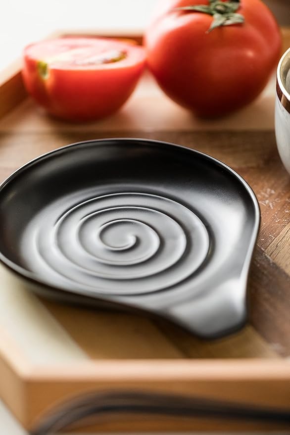 LAUCHUH Spoon Rest for Stove Top, 5 inch Cooking Spoon Holder for Kitchen Countertop Ceramic Ladle Holder for Spatula, Spoons or Tong, Heat-Resistant, Farmhouse Kitchen Decor, Black